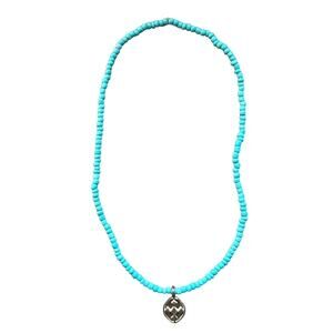 Turquoise Teal Beaded Charm Necklace with Silver Pendant Fashion Costume Jewelry